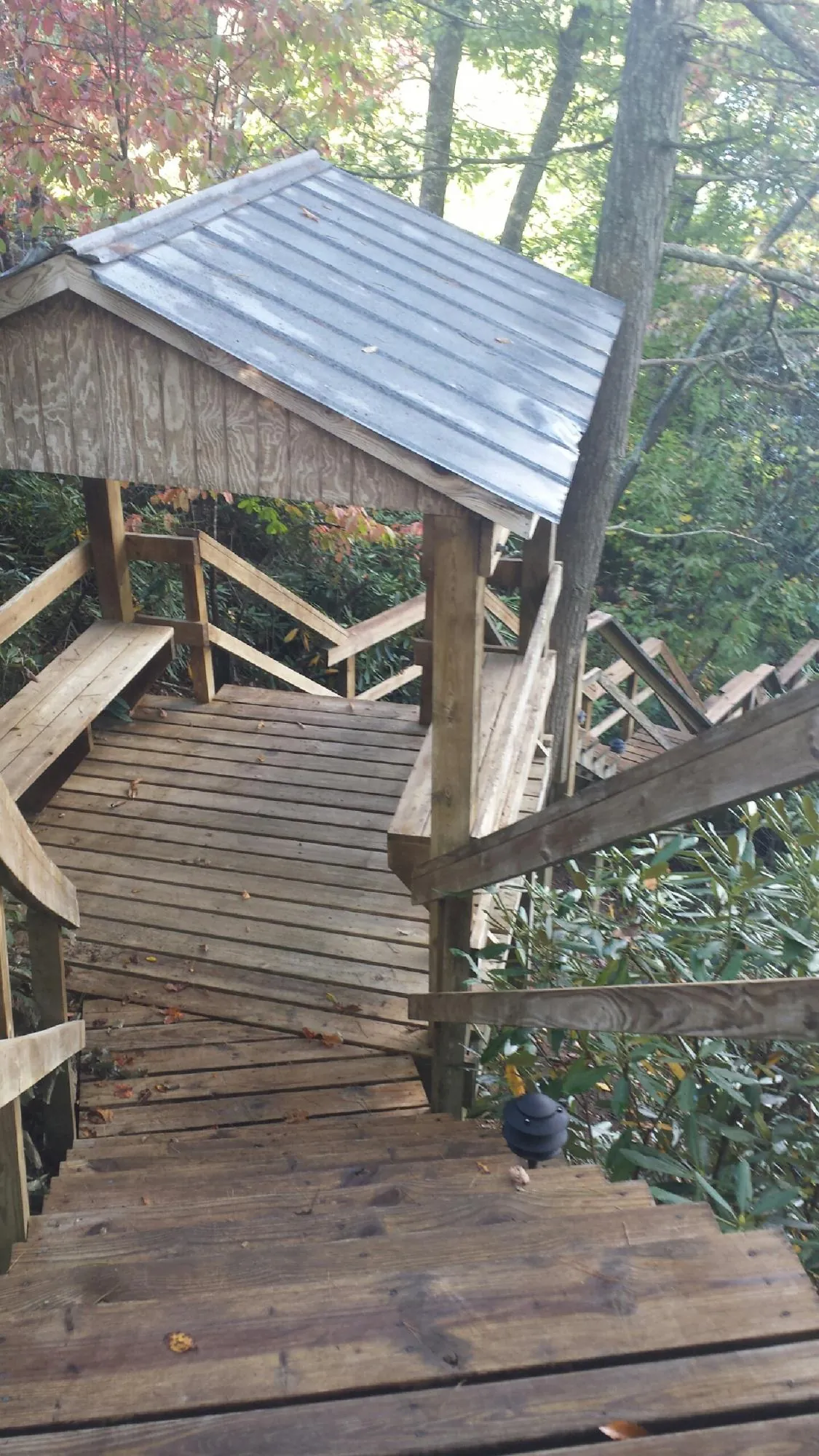 Metal roofed shelter over wooden steps on a wooded walkway — Skylight Repair & Installation work by our crew in Glen Carbon
